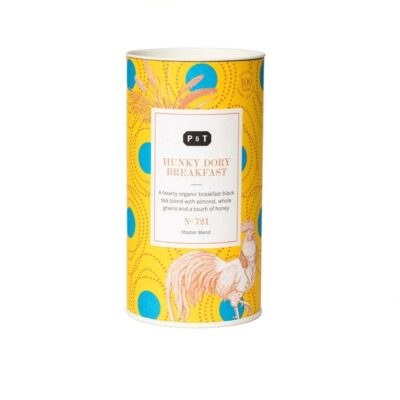 Hunky Breakfast is a hearty organic breakfast black tea blend with almond, whole grains and a touch of honey.