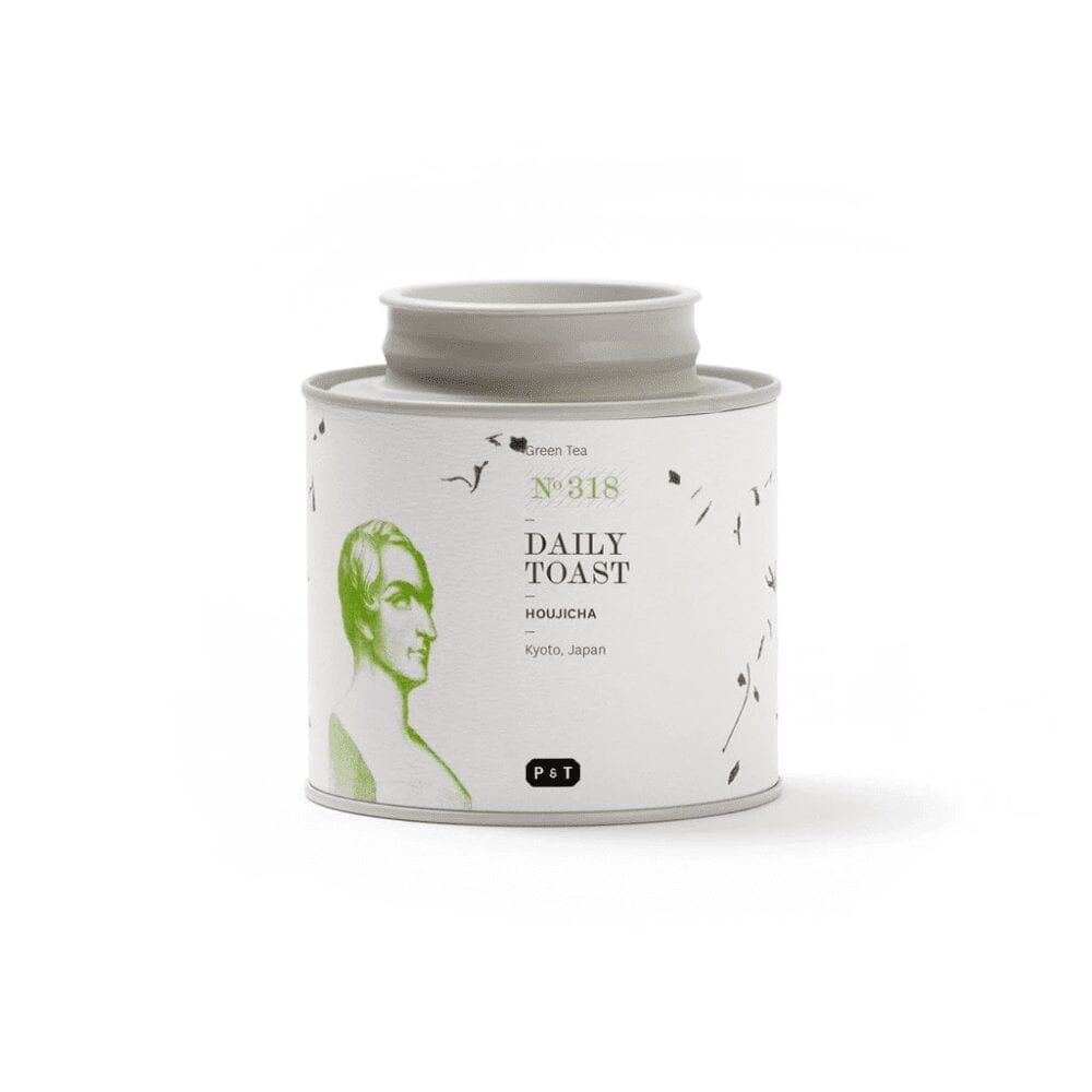 Daily Toast N318 Hojicha green tea in the metal tea leaf bin