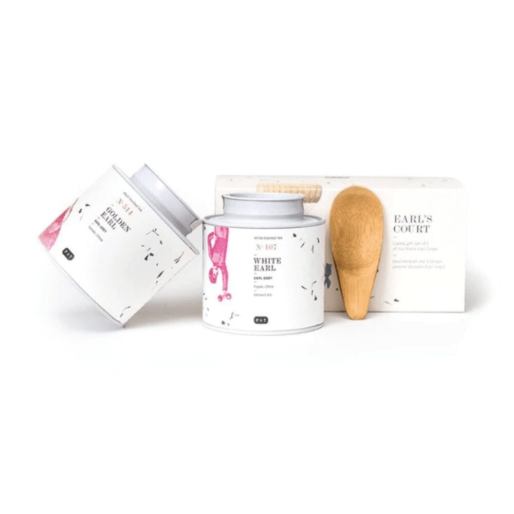 Earl's Court Collection: Earl grey plus chinese black tea in the metal tea leaf bin. Tea gift set.
