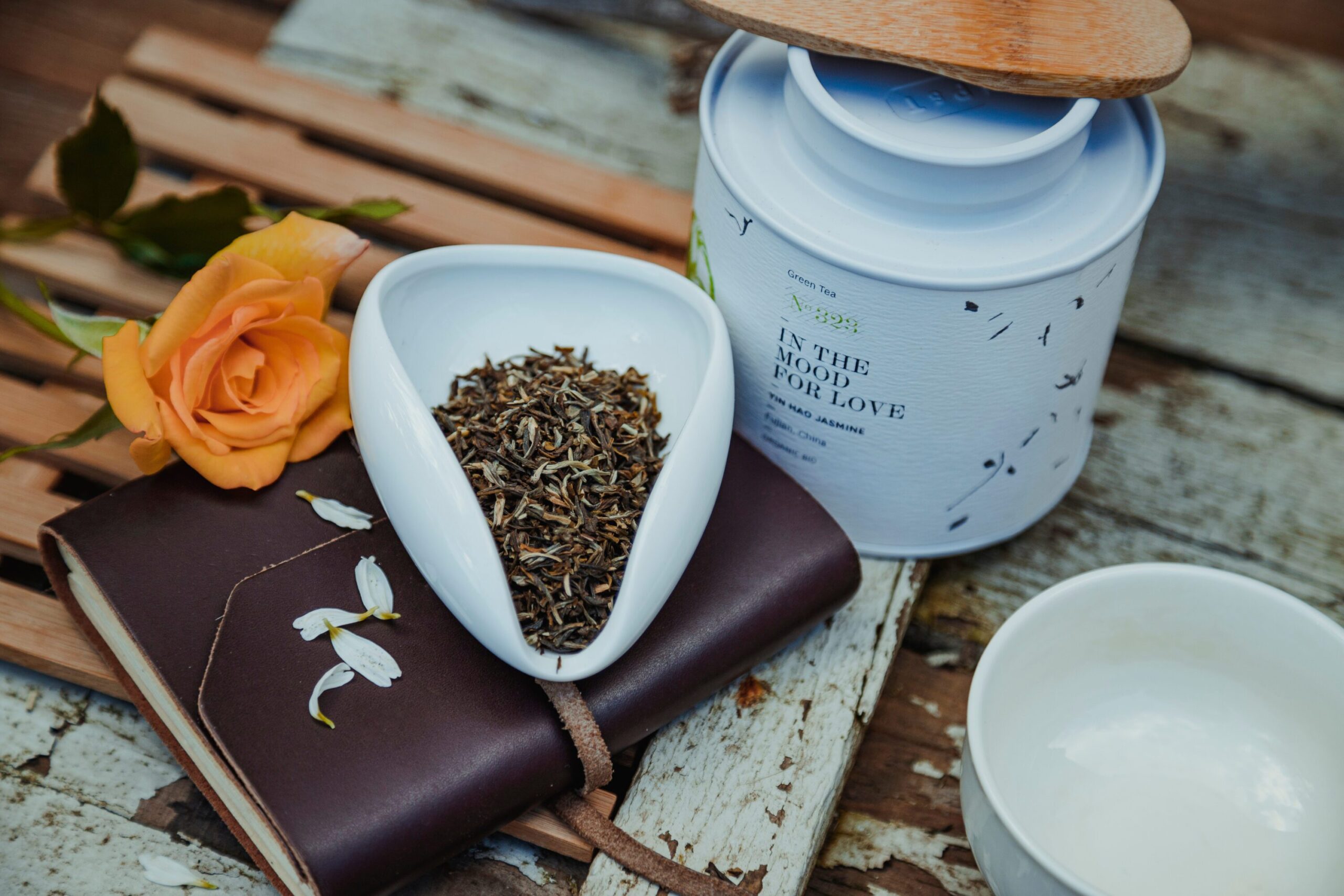 In the Mood For Love organic green tea in the metal tea leaf bin
