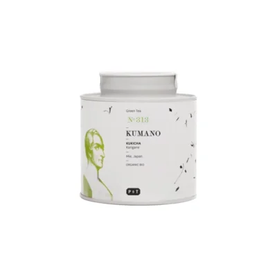 Kumano, organic japanese green tea, in the metal tea leaf bin