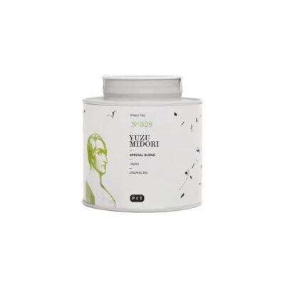 Yuzu Midori, organic japanese green tea in the metal tea leaf bin