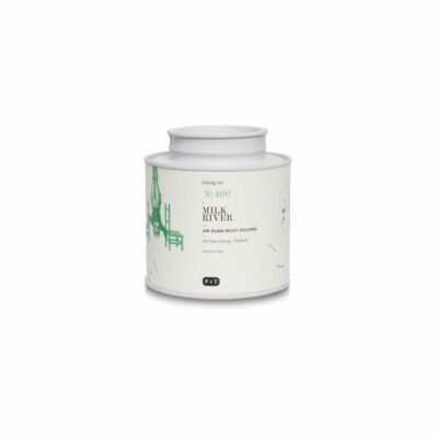 A subtle creamy Oolong tea from Northern Thailand in metal tea bin.